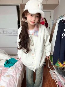 Sweet Plaid Design Turn-down Collar Open Cardigan Jacket Womens Spring Autumn Loose Baseball Style Outerwear Long Sleeve