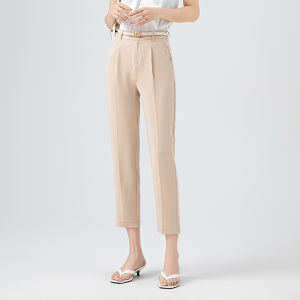 Slimming High Waist Casual Thin Straight Leg Pants Womens Suit Trousers Korean Style Commute Pocket Zipper Nine Points Long