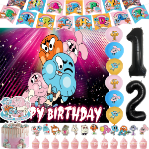 Comedy&Gumballed Theme Girls Birthday Party Supplies Balloon Cupcake Topper Banner Pet Cat Rabbit Backgrounds Baby Shower Props