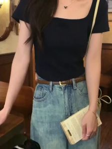 Kaus Lengan Pendek Tulang Ikan Leher Persegi Retro Korea Atasan Pusar Pendek Ramping Pinggang Tinggi Wanita