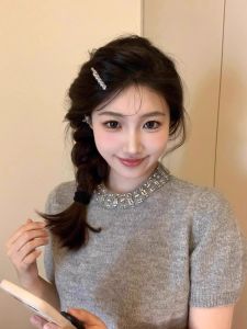 Miu Style Grey Diamond round Neck Short Sleeve Knitted Top Women Summer Loose Unique Versatile Female T-Shirt Korean Style Commute