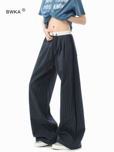 BWKA | Navy Blue Retro Plaid Wide Leg Lounge Pants