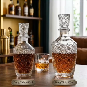 Set 2 Bình Đựng Rượu Thủy Tinh Họa Tiết Đa Giác 450ml & 800ml - Bình Chiết Rượu Vang Whisky Đẹp