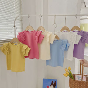 Áo Thun Tay Ngắn Mùa Hè Cho Bé Gái TOURNIECO Cotton Polyester Áo Thun Tay Bồng Thoáng Khí Màu Sô Cô La Đa Năng Cho Bé Gái