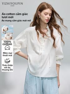 Áo Sơ Mi Dài Tay Chống Nắng Nhẹ Cổ V Thêu Kéo Dây Phong Cách Pháp 100% Cotton