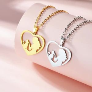 Lemegeton Girl and Cat Hollow Heart Necklace Stainless Steel Necklaces Women Fashion Lovely Jewelry Lovely Kitten Pet Lover Gift