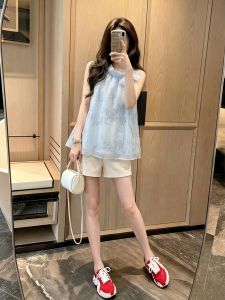 HUANJI | French Style Elegant Sleeveless Halter Neck Blue Top