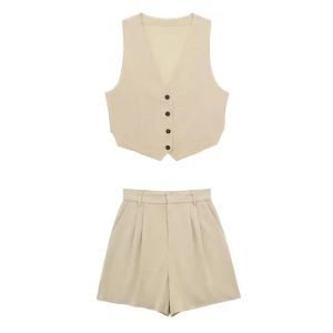 HH Women Solid Casual 2 Piece Set V Neck Single Breasted Vest Top High Waist Slim Shorts Female Casual Office Lady Daily Wear
