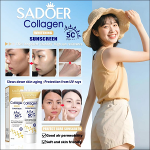 SADOER Collagen Sunscreen SPF 50 PA+++ 40g - Tabir Surya Melembabkan & Mencerahkan Ringan Tidak Lengket untuk Wajah dan Badan