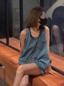 Easiest for Match Denim Vest Sling Summer Thin New Arrival Loose Slim Looking Sleeveless Jumpsuit U Collar Shorts Younger Ins