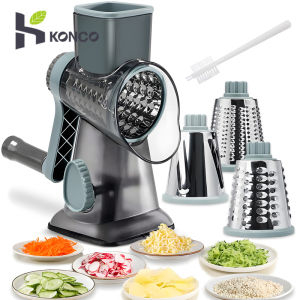 Konco 3 in 1 vegetable grater slicer cheese grater chopper Rotary  vegetable shredder with suction base and clean brush Kitchen gadget carrot plates slicer