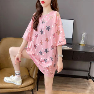 Áo Thun Nữ Dáng Rộng in Hình Ngôi Sao Hở Lưng Mùa Hè Cotton Pha Polyester Cổ Tròn Tay Ngắn Chống Bong Bóng