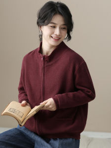 Loose Fit Pure Cotton Knitted Zip up Top Womens Solid Color Spring Outerwear Comfortable Casual Style Long Sleeve round Neck