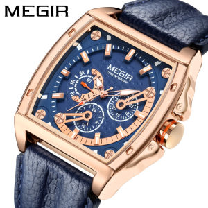 MEGIR multifunctional luminous pointer bucket shaped dial leather strap timing sports waterproof quartz mens watch