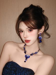 French Blue Tear Drop Necklace Earring Set Women Exaggerated Accessories Luxury Ear Jewelry High End Niche Clavicle Chain