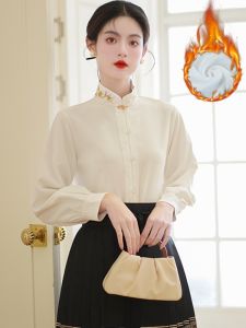 with Horse-Face Skirt Shirt Autumn and Winter Thick Han Dynasty Shirt Womens Long Sleeve New Chinese Style Stand Collar Placket Tops
