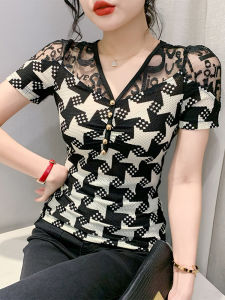 Gợi Cảm Rỗng Áo Thun Cổ Chữ V Nữ Tay Ngắn Thời Trang Mùa Hè Phong Cách Châu Âu Họa Tiết Chim Vải Lưới Đa Năng Nửa Tay