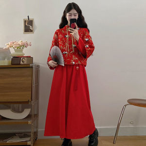 New Chinese Style Red Dress Set Womens New Year Visit Clothing A-Line Skirt Long Sleeve Mid-Length New Year Celebration Outfit