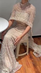 aliSerene Hill Dubai Arabia Nude Mermaid Long Cape Luxury Evening Dresses Gowns 2024 For Formal Occasion LA72032