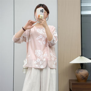 เสื้อเชิ้ตคอตั้งแขนสั้นทรงหลวมสไตล์ใหม่สำหรับผู้หญิงในฤดูร้อน ปักลายจีน ผ้าโพลีเอสเตอร์ ระบายอากาศได้ดี ทรงหลวม แขนสั้น ปกคอกลม