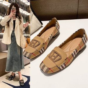 Giày Lười Kẻ Caro Nữ Màu Kaki/đen Kẻ Sọc Giày Gót Thấp Có Khóa Kim Loại Phong Cách Công Sở OL Giày Công Sở Thanh Lịch Giày Đế Vuông DOrsay