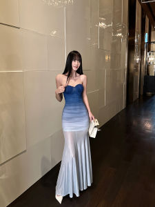 VENUIE | Elegant Body-Shaping Blue Ombre Stretch Mesh Dress