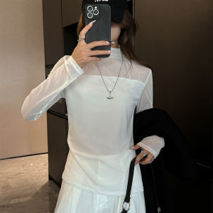 MiiOW | Áo thun nữ cổ cao trong suốt mùa xuân thu gợi cảm lưới lót áo bên trong chất liệu polyester thường ngày