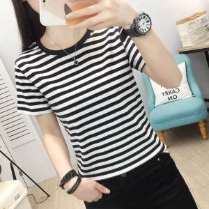 Pure Cotton Short Sleeve T-Shirt Womens New Arrival Summer Plus Size Stripes Loose Tops Half-Sleeve T-shirt Temperamental Mother Cover Belly
