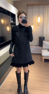 Winter New Womens Pure Color Splice Mini Dress with Fine Sparkle Butterfly Knot Vest Sleeveless round Neck A-Line Skirt