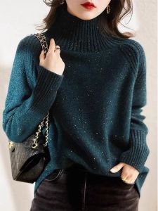 WANGGONGZHU | Womens High Collar Shiny Thread Knitted Sweater Loose Fit Overhead Style Autumn Winter Inner Wear Fashionable Lazy Style Base Shirt
