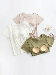 Summer Thin Modal Womens Short Sleeve T-Shirt with Chest Pad Home Clothes Loose Fit Half Sleeve Top for Casual Wear
