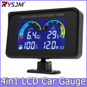 RYSJM | 4 In 1 LCD Digital Water Temp Meter Oil Pressure Gauge Voltmeter Fuel Level Meter 1/8 NPT Oil Press Sensor + Water Temp Sensor