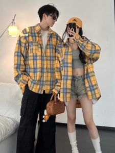 Áo Sơ Mi Kẻ Caro Cổ Đứng Dáng Rộng Phong Cách Mỹ Dành Cho Cặp Đôi Đầu Thu Áo Khoác Ngoài Đa Năng Thêu Họa Tiết Cổ Điển