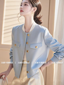 เสื้อแจ็คเก็ตสั้นสีน้ำเงินสวยๆ สำหรับผู้หญิง ฤดูใบไม้ร่วง 2025 สไตล์เกาหลี ขนาดเล็ก คุณภาพสูง เสื้อคลุมกันหนาวแบบมีฮู้ด