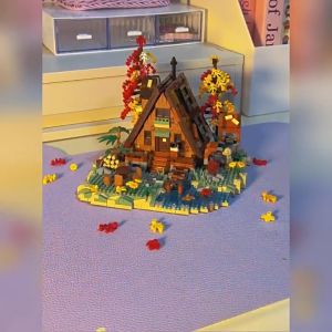 Forest Cabin Autumn Courtyard Street Scene Building Block Model with LED Light Assembling Toys