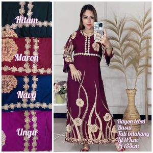 Daster Arab Motif Bunga Lengan Panjang Bahan Rayon Premium Adem Renda Turki Jumbo Terbaru Viral