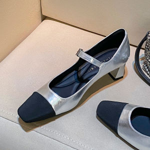 Black Mary Jane High Heels Womens New 2025 Elegant Color Block Buckle Comfortable Thick Heel Single Shoes Fashionable Vintage Style