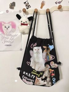 Retro Cat Print Canvas Bag Drawstring Student Backpack Cute Cartoon INS Cord Bag Soft Handle Korean Style Leisure Zipper Closure