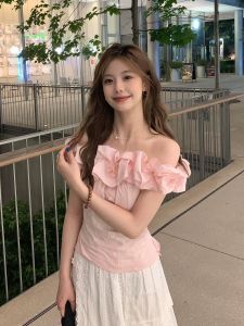 Áo Sơ Mi Nữ Tay Ngắn Màu Hồng Ngọt Ngào Kiểu Pháp Mùa Hè Thiết Kế Nhỏ Gọn Eo Ngắn Hở Vai Chất Liệu Polyester