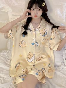 Butterbear Summer Ice Silk Sleepwear Short Sleeve Thin Home Clothes Set for Women Cute Cartoon Print Comfortable Lightweight