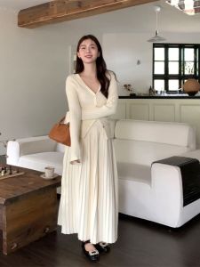 Áo Len Cardigan Dệt Kim Cổ Chữ V Tay Bồng Eo Thun Váy Midi Xếp Ly Dày Màu Trơn Phong Cách Hàn Quốc Dành Cho Nữ Mùa Thu 2023
