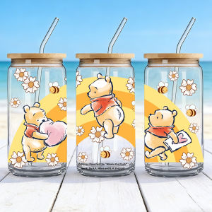 Disney | 1pc 16oz Disney Winnie the Pooh Borosilicate Glass Tumbler with Bamboo Lid & Straw Cute Summer Cup for Iced Coffee Juice Gift