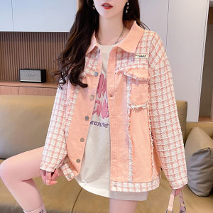 Casual Plaid Shirt Jacket Womens Spring Autumn Versatile Top Student Workwear Coat Loose Fit Button Splice Pocket Denim Cotton