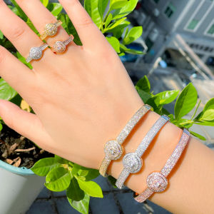 SEQUITO Fashion Women Jewelry Set Golden Silver Rose Gold Plated Full Micro Pave AAAAA CZ Zirconia Stone Open Cuff Round Bangle Ring for Prom Party SJ281