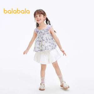 Balabala Girls Set Childrens Short Sleeve Summer Wear 2024 New Small Floral Tank Top Cute Lantern Pants
