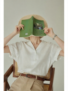 YAKEJIA | White Jasmine Linen Cuban Collar Design Commuter Blouse