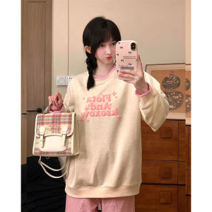 เสื้อสเวตเตอร์คอกลมแขนยาวหลวมๆ สีชมพู ลายตัวอักษรพ่นฟอง สำหรับผู้หญิง เสื้อสเวตเตอร์คอตตอนผสมโพลีเอสเตอร์ ทรงหลวม ฤดูใบไม้ผลิ 2024