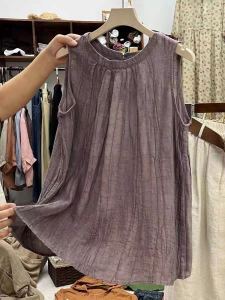 Artsy Texture Ruched Cotton Linen Vest Womens Summer Thin Outwear Loose Slim Looking Pure Color Pullover Sleeveless Linen Tops