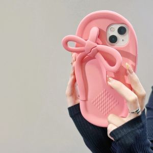 3D สีชมพู Flip Flops เคสโทรศัพท์สำหรับ iPhone 13 Pro Max 12 Pro Max iPhone 11 Pro Max 12 13 Mini X XR XS Max 6 6S 7 8 Plus Soft Silicon Bowknot กันกระแทก Back Shell