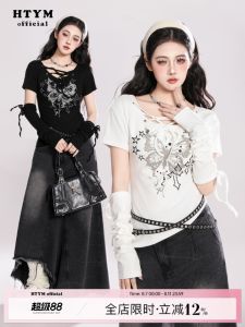 เสื้อยืดแขนสั้นทรงสลิมฟิตสำหรับผู้หญิงในช่วงฤดูร้อน เสื้อเชิ้ตแขนสั้นสไตล์อเมริกันพร้อมเสื้อคลุมแขน ลายผีเสื้อฝัน